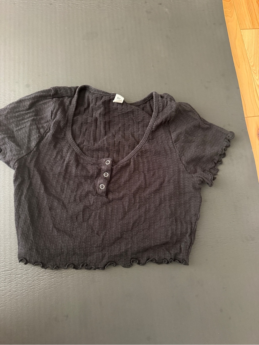 Black Ribbed Henley Crop Top with Lettuce-Edge Trim